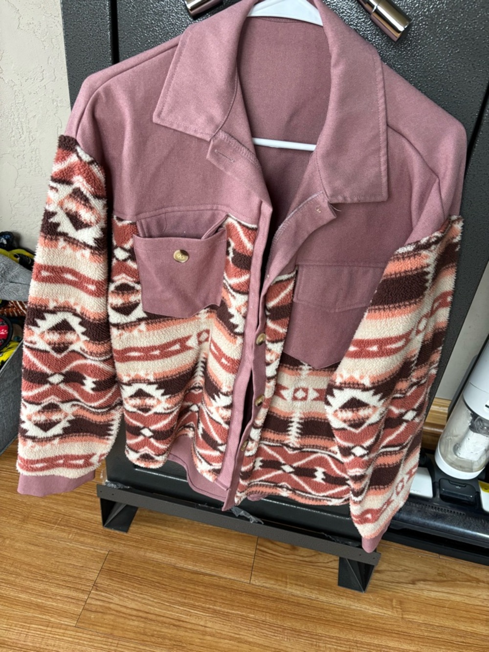 Mauve Patterned Button-Down Shacket with Chest Pockets